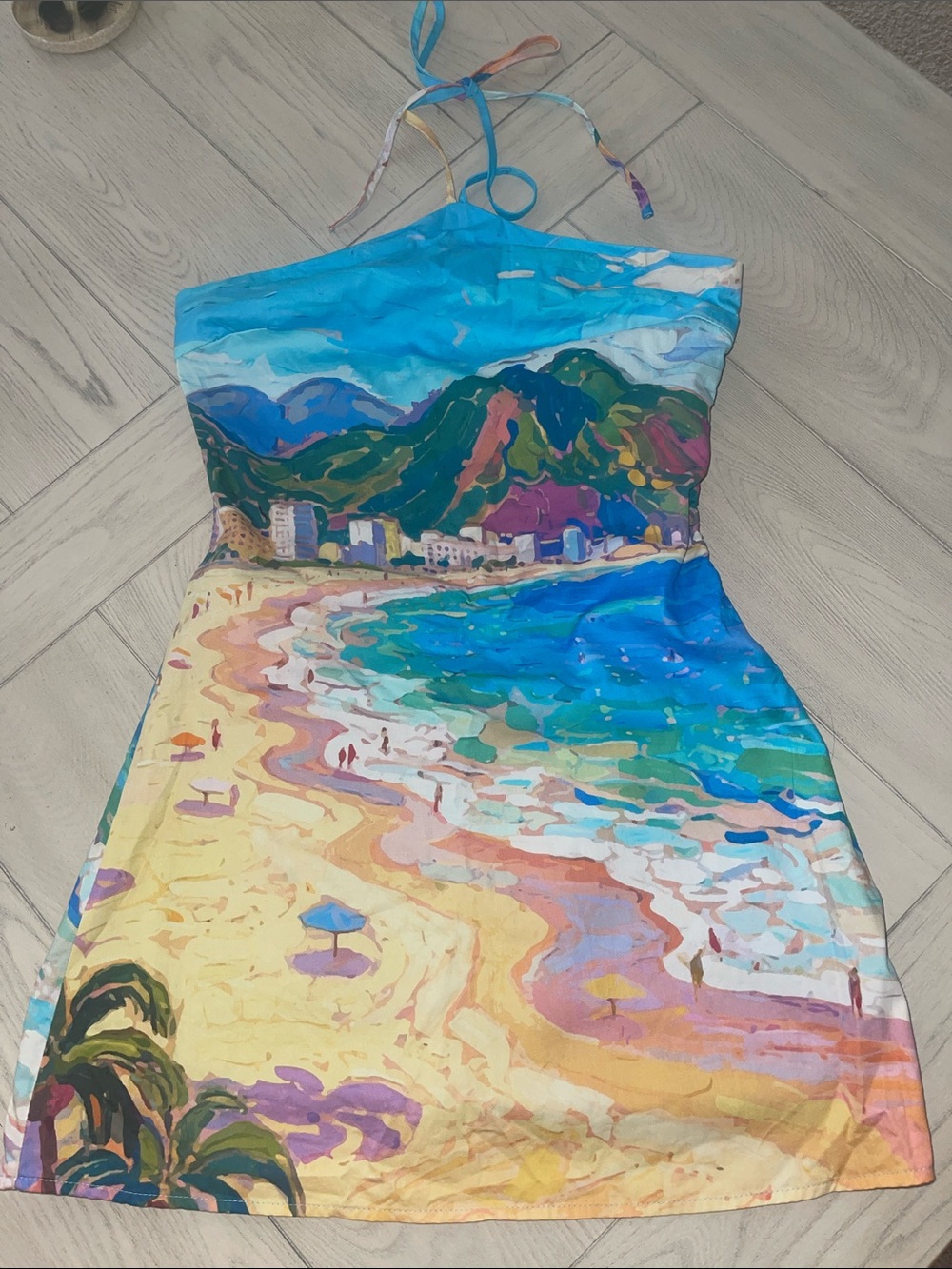 TCEC Multicolor Scenic Beach Halter Mini Dress
